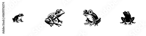 Stylized frog silhouettes in various poses, black and white, minimalist monochrome icons
