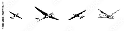 Four distinct glider aircraft silhouettes with varied wing and tail designs, minimalist monochrome icons