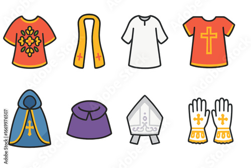 Colorful Vestment Icons. Flat vector mini-illustrations Festival vestments in colors children's illustrations: embroidered