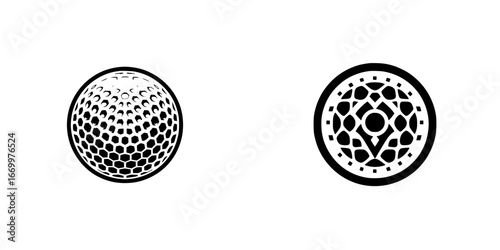 Golf ball and abstract geometric emblem, minimalist monochrome icons