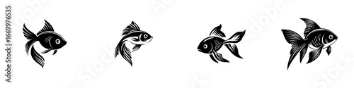 Elegant Black Goldfish Silhouettes with Flowing Fins and Tails, minimalist monochrome icons