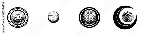 Golf ball icons with dimple patterns and circular frames, minimalist monochrome icons