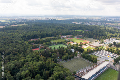 Aerial view of a sports complex with multiple soccer and athletic fields