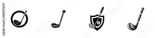 Stylized golf club icons and symbols for sports and recreation, minimalist monochrome icons