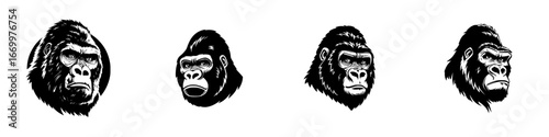Four stylized gorilla heads, black and white, unique expressions and poses, isolated on white, minimalist monochrome icons