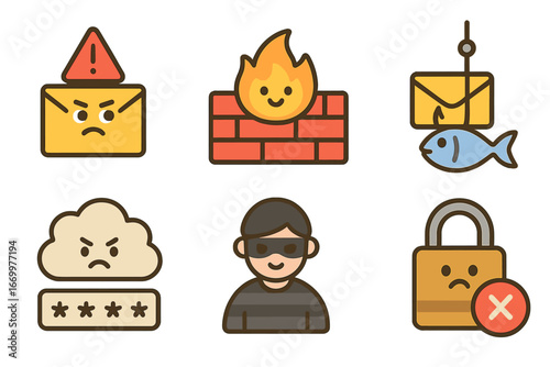 Cybersecurity Icons for Kids. Flat vector mini-illustrations authentication challenges in colors children's illustrations:
