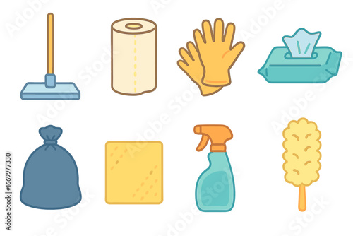 Disposable Cleaning Icons. Flat vector mini-illustrations disposable cleaning products in colors children's illustrations: