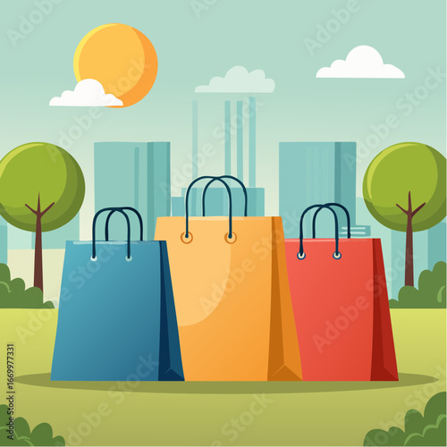 Three colorful paper shopping bags with basket icon vector