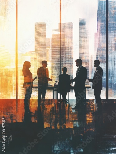 Silhouette business team engaging collaboration against abstract city skyline backdrop