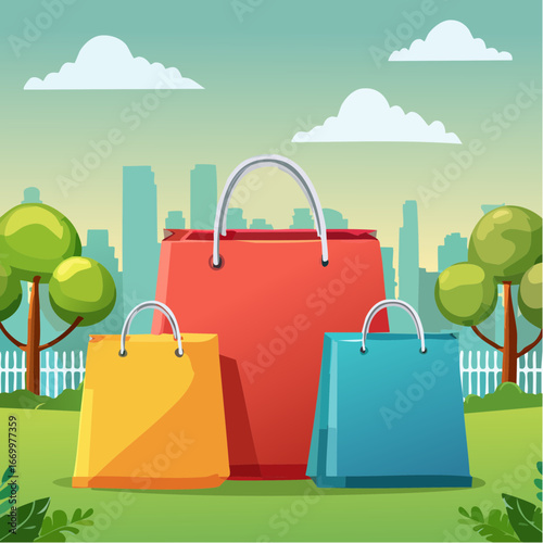 Three colorful paper shopping bags with basket icon vector