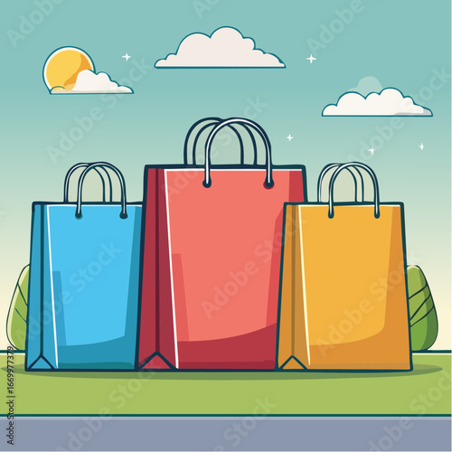 Three colorful paper shopping bags with basket icon vector