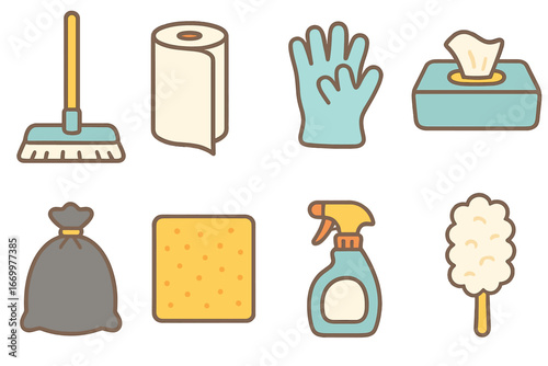 Disposable Cleaning Icons. Flat vector mini-illustrations disposable cleaning products in colors children's illustrations: