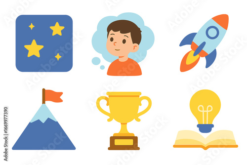 Dreams and Aspirations. Flat vector mini-illustrations young adult dreams in colors children's illustrations: starry sky, dream