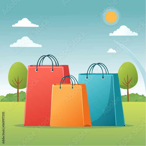 Three colorful paper shopping bags with basket icon vector