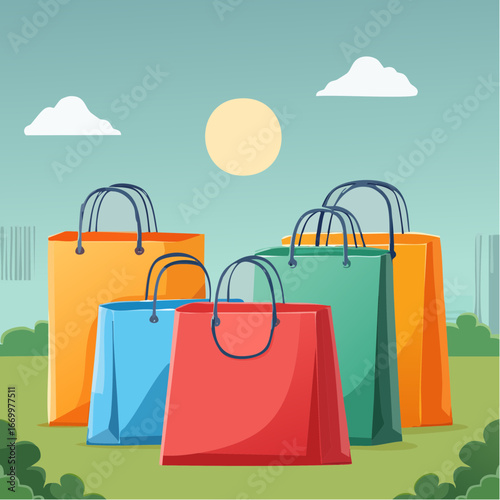Three colorful paper shopping bags with basket icon vector