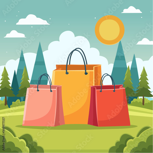 Three colorful paper shopping bags with basket icon vector