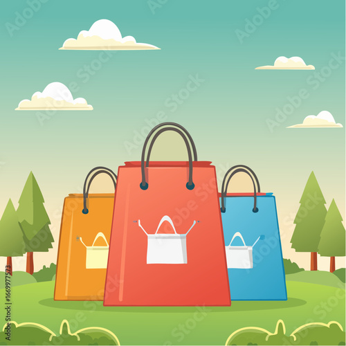 Three colorful paper shopping bags with basket icon vector