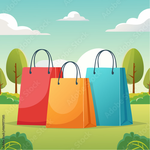 Three colorful paper shopping bags with basket icon vector