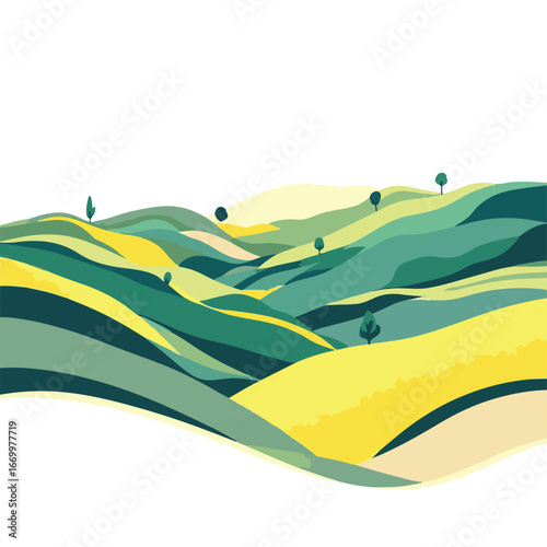 Rolling farmland hills with layered crops
