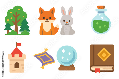 Enchanted Fairy Tale Icons. Flat vector mini-illustrations fairy tales in colors children's illustrations: enchanted forest,