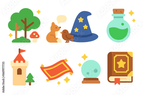 Enchanted Fairy Tale Icons. Flat vector mini-illustrations fairy tales in colors children's illustrations: enchanted forest,