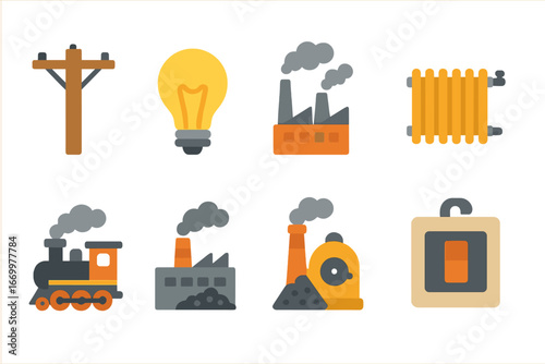 Energy and Wind Safety. Flat vector mini-illustrations coal power usage in colors children's illustrations: electricity pole,