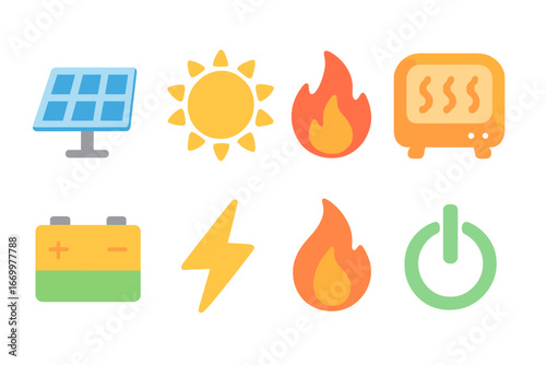Energy Icons for Kids. Flat vector mini-illustrations heat and energy in colors children's illustrations: solar panel, sun rays,