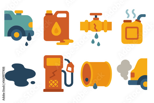 Energy Waste Icons. Flat vector mini-illustrations fuel energy loss in colors children's illustrations: leaking gas tank, wasted
