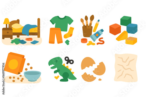 Everyday Chaos Icons. Flat vector mini-illustrations entropy in everyday life in colors children's illustrations: untidy bedroom,