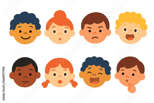 Expressive Faces Grid. Flat vector mini-illustrations kindle emotions in colors children's illustrations: happy face, curious face