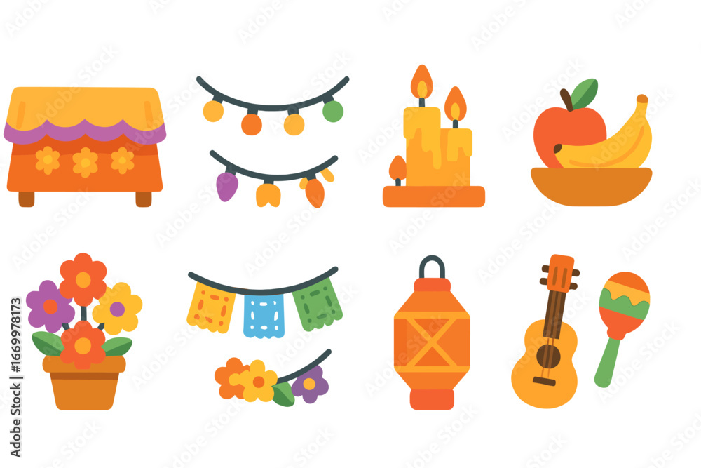 Obraz premium Festive Altar Icons. Flat vector mini-illustrations festive altar in colors children's illustrations: decorated altar cloth,