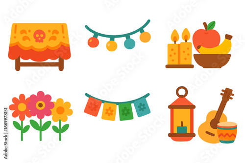 Festive Altar Icons. Flat vector mini-illustrations festive altar in colors children's illustrations: decorated altar cloth,