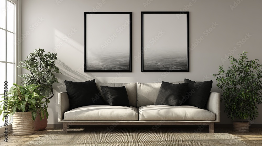 Fototapeta premium Modern living room with a neutral-toned sofa and black accent pillows, featuring large framed art pieces.