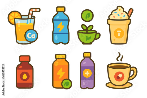 Fortified Beverages Grid. Flat vector mini-illustrations fortified beverages in colors children's illustrations: calcium-fortified