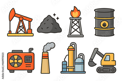 Fossil Fuel Icons. Flat vector mini-illustrations fossil fuel energy in colors children's illustrations: oil rig, coal pile, gas