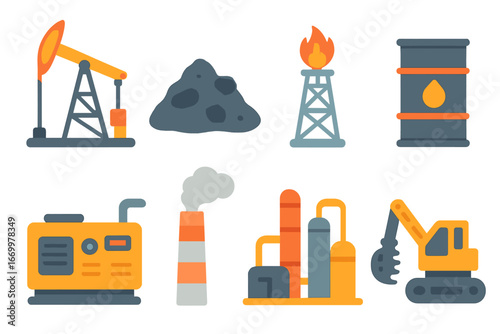 Fossil Fuel Icons. Flat vector mini-illustrations fossil fuel energy in colors children's illustrations: oil rig, coal pile, gas