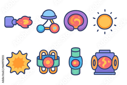 Fusion Technology Icons. Flat vector mini-illustrations fusion technology in colors children's illustrations: laser fusion,
