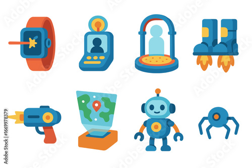 Futuristic Kids' Gadgets. Flat vector mini-illustrations futuristic gadgets in colors children's illustrations: laser watch,