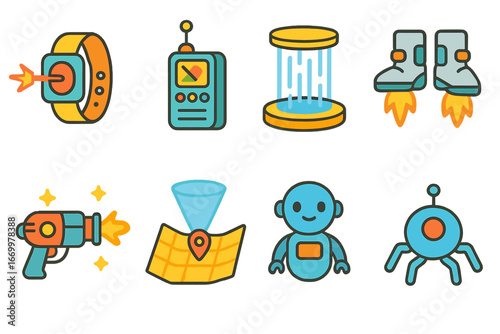 Futuristic Kids' Gadgets. Flat vector mini-illustrations futuristic gadgets in colors children's illustrations: laser watch,