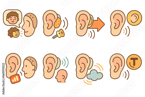 Hearing Aid Features Icons. Flat vector mini-illustrations hearing aid sound features in colors children's illustrations: speech