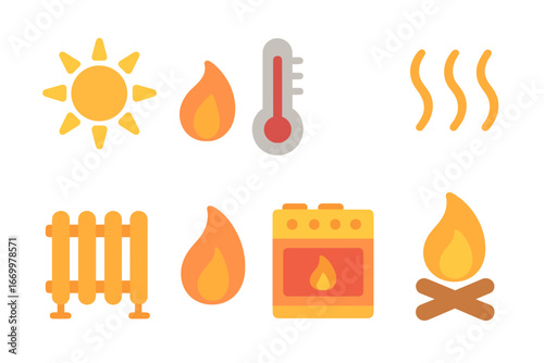 Heat Elements Icons. Flat vector mini-illustrations heat transmission in colors children's illustrations: sun, flame, thermometer,