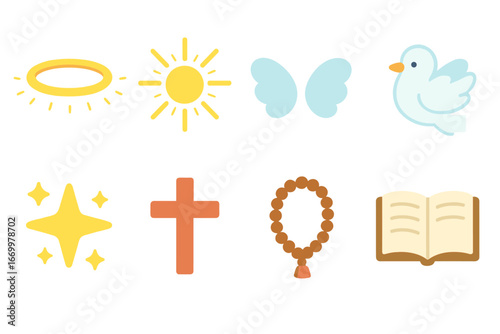 Holy Symbols Icons. Flat vector mini-illustrations Symbols of holiness in colors children's illustrations: glowing halo, sacred