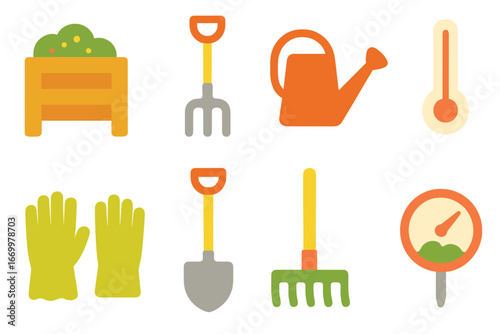 Home Composting Tools. Flat vector mini-illustrations home composting tools in colors children's illustrations: compost bin,