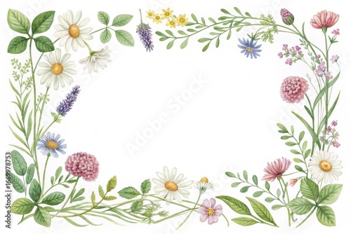 Delicate watercolor floral border featuring wildflowers and greenery on a white background