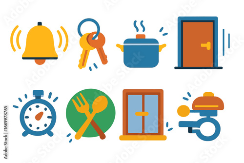 Household Sound Icons. Flat vector mini-illustrations clang in household sounds in colors children's illustrations: doorbell, keys