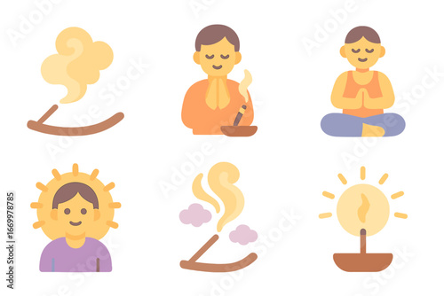 Incense Spiritual Serenity. Flat vector mini-illustrations incense and spirituality in colors children's illustrations: incense