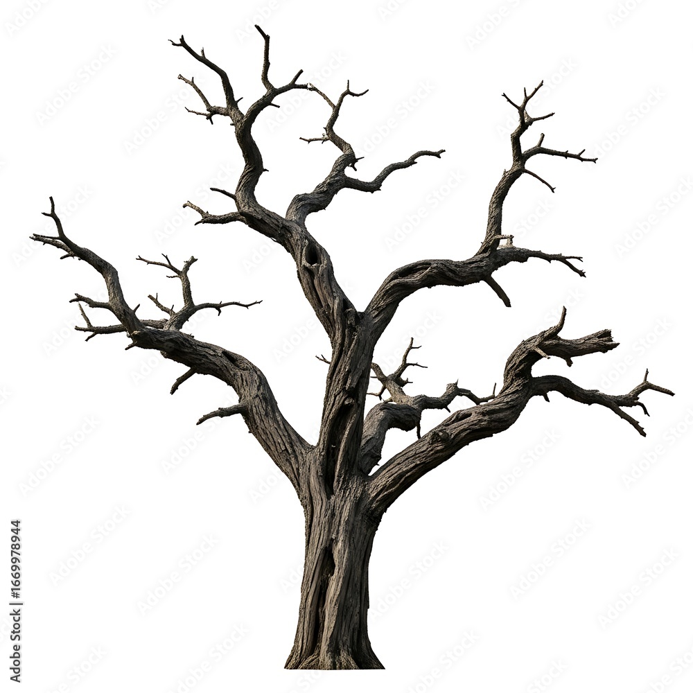Fototapeta premium Striking Silhouette of a Bare, Weathered Tree Against White Backdrop.