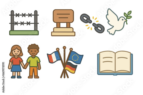 Iron Curtain Symbols. Flat vector mini-illustrations Iron Curtain legacy in colors children's illustrations: old border fence,