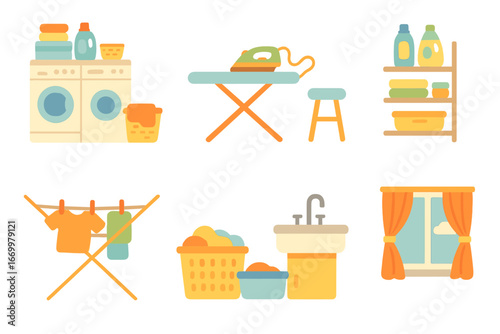 Ironing Room Essentials. Flat vector mini-illustrations ironing room in colors children's illustrations: laundry room, ironing