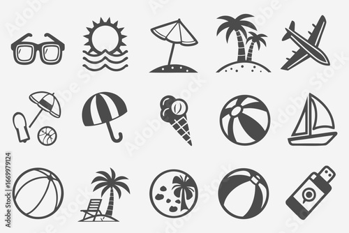 Summer Vacation Icons Beach, Sun, Travel, and More Outline Icons